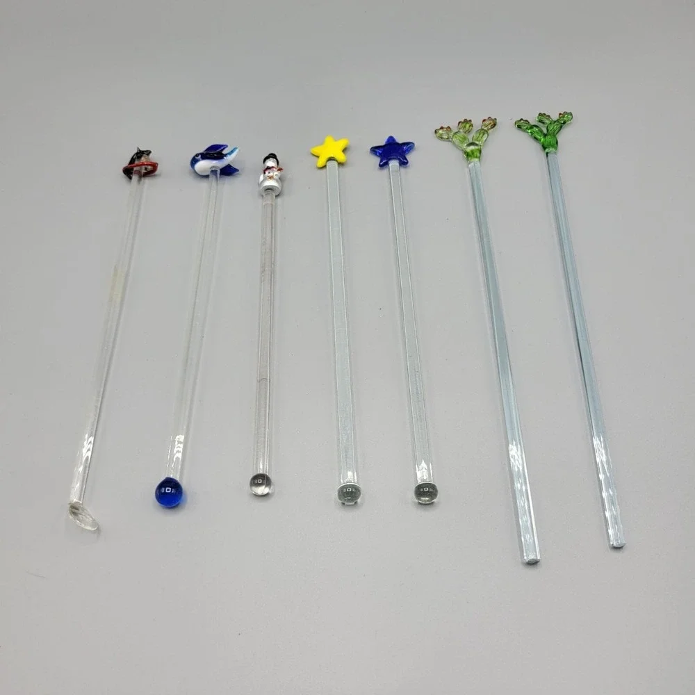 Glass Stirrer Sticks Set Of 7 Decorative Tops  Penguin Fish Snowman Star Cactus